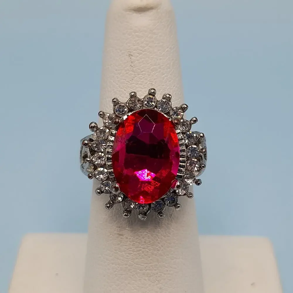 Vintage Pink Glass Cocktail Ring, Size 6.25, Clear Rhinestones, Silver Tone